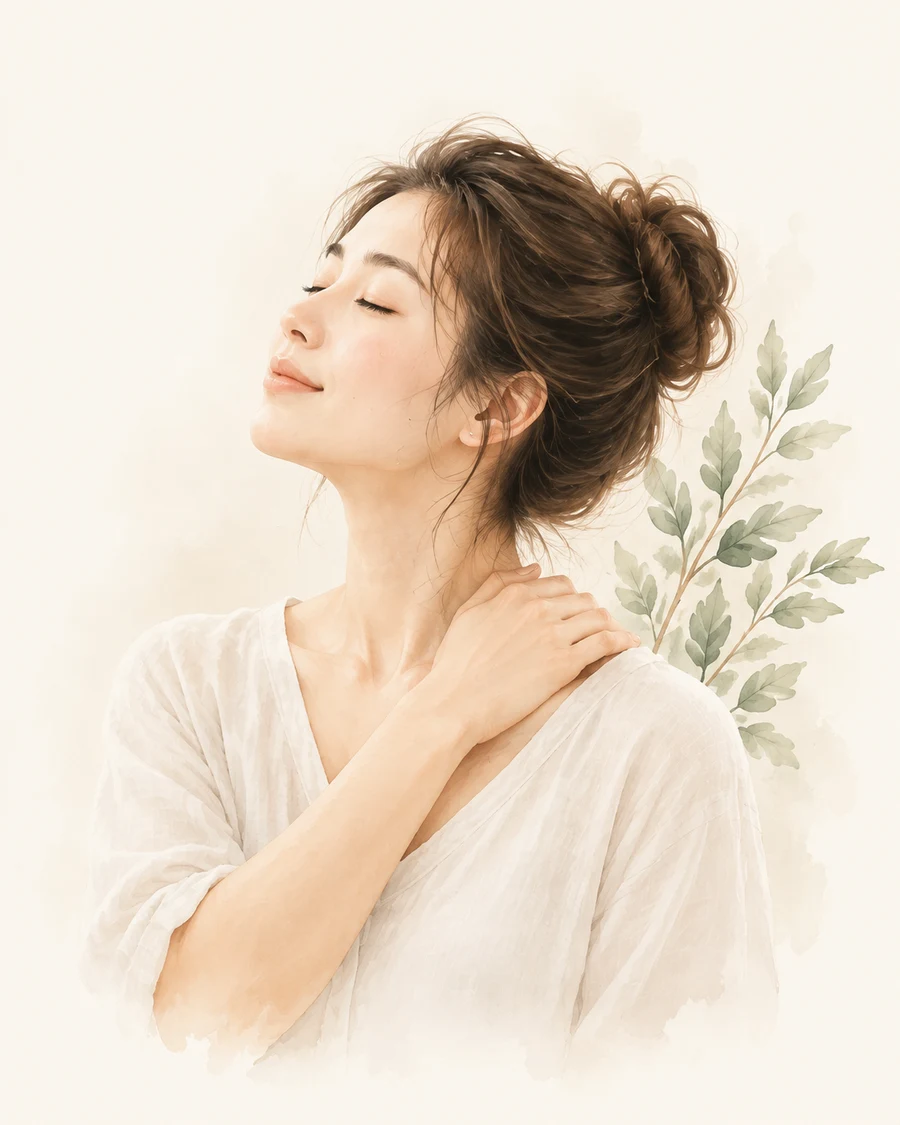 A woman taking a calm moment with a hand resting near her shoulder.